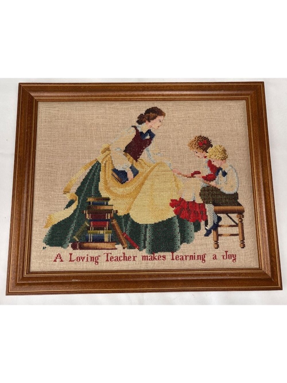 Framed Cross Stitch "A Loving Teacher Makes Learning A Joy" 16"x13" Vintage Deco